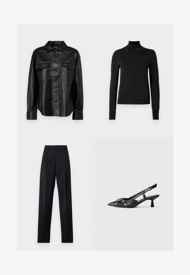 Schwarze Lederhemdjacke mit Knopfleiste, zwei Brusttaschen und klassischem Kragen. Sie verfügt über eine glatte Textur und eine taillierte Passform.; Schwarzer Langarmrollkragenpullover mit gerippten Bündchen und Saum, auf einem schlichten weißen Hintergrund präsentiert.; Schwarze Hosen aus glattem Stoff mit hoher Taille, weitem Bein, vorderen Falten und klassischen Gürtelschlaufen. Keine sichtbaren Seitentaschen.; Schwarzer Leder-Slingback-Schuh mit spitz zulaufender Zehenpartie, dekorativen Riemen mit METALLÖSEN und niedrigem Blockabsatz. Strukturelle Oberfläche.