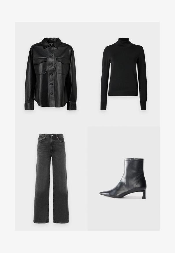 Chaqueta de camisa negra de cuero con cierre de botones en la parte delantera, dos bolsillos en el pecho y cuello clásico. Presenta una textura suave y un corte ajustado.; Suéter negro de manga larga con cuello de tortuga, con puños y dobladillo acanalados, exhibido sobre un fondo blanco liso.; Jeans de mezclilla negros de cintura alta y pierna recta con botón y cremallera en el frente, dos bolsillos frontales y dos traseros.; Botín de cuero negro hasta el tobillo con punta afilada y un diseño elegante. Presenta un tacón bajo y un cierre con cremallera en la parte trasera. Textura suave.