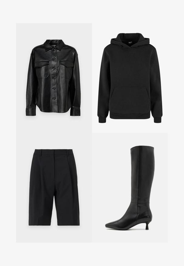 Veste en cuir noir avec fermeture à boutons sur le devant, deux poches poitrine et un col classique. Présente une texture lisse et une coupe ajustée.; Hoodie noir en tissu doux, doté d'une poche kangourou, de poignets côtelés et d'une capuche avec cordon de serrage. Design simple et minimaliste.; Selected Femme SLFABBI BERMUDA - Short - black; Zign Bottes - black