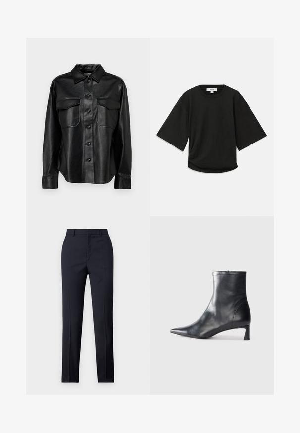 Veste en cuir noir avec fermeture à boutons sur le devant, deux poches poitrine et un col classique. Présente une texture lisse et une coupe ajustée.; T-shirt noir à manches courtes en coton doux, avec un col rond et une coupe décontractée, présentant un discret détail froncé sur le côté.; Pantalons ajustés bleu marine avec une coupe droite, présentant une texture lisse, deux poches avant et une taille épurée.; Bottine en cuir noir avec un bout pointu et un design épuré. Présente un petit talon et une fermeture éclair à l'arrière. Texture lisse.