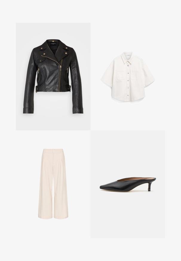Zwart leren motorjack met zilveren ritsen, drukknoopsluitingen en een getailleerd ontwerp. Voorzien van een ingesneden kraag en een cropped lengte.; Witte kortebloes met korte mouwen, gemaakt van katoen, heeft een knoopsluiting aan de voorkant, twee borstzakken en een gestructureerde kraag.; Crème kleurige wijde pantalon met plooien, gemaakt van een soepele stof. Heeft een hoge taille en zijzakken voor functionaliteit.; Zwarte leren muiltjes met een puntige neus en een lage, blokhak. Glad oppervlak met een gestroomlijnd ontwerp. Open achterkant met minimale details.