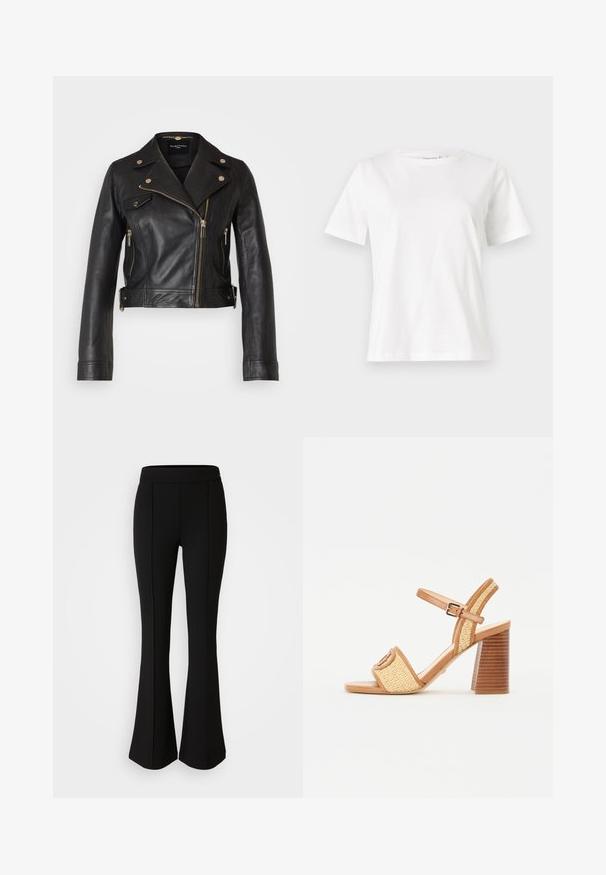 Zwart leren motorjack met zilveren ritsen, drukknoopsluitingen en een getailleerd ontwerp. Voorzien van een ingesneden kraag en een cropped lengte.; Witte katoenen t-shirt met korte mouwen, ronde halslijn en een ontspannen pasvorm. Gladde textuur, geen patronen of accenten, minimalistisch ontwerp.; Zwarte flared broek gemaakt van een rekbaar materiaal met een gladde textuur, met naaddetails aan de voorkant voor extra ontwerp.; Bruine leren en geweven rieten sandalen met hak, voorzien van een enkelbandje, open teen en een chunky houten hak met horizontale strepen.