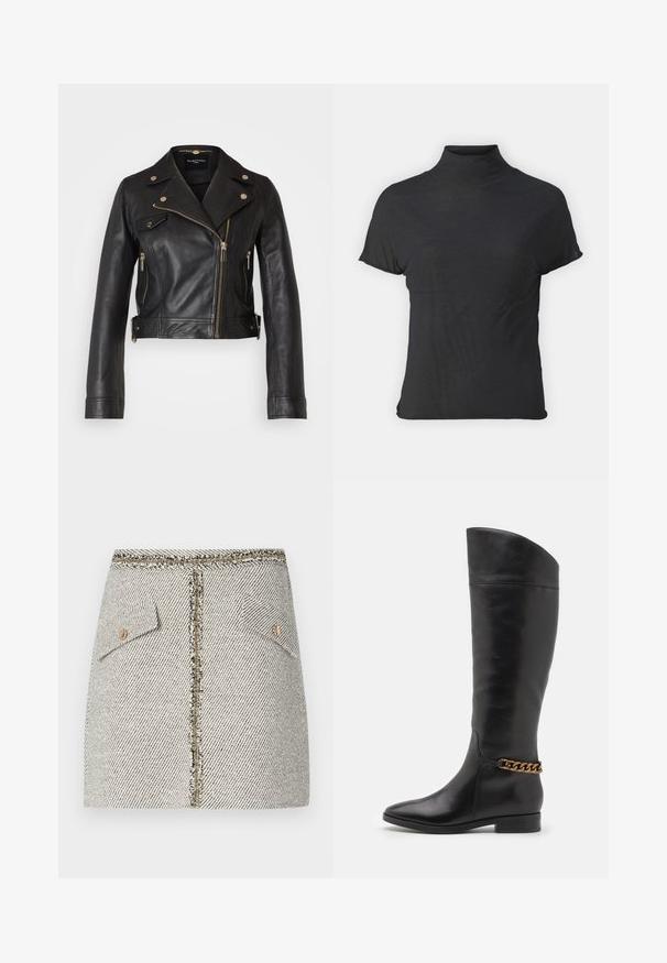 Sort lædermotorcykeljakke med sølvlynlåse, trykknapper og en tætsiddende pasform. Har en klippet krave og forkortet længde.; Sort kortærmet turtleneck top lavet af letvægtsstof med en glat tekstur og en tætsiddende pasform, der har en høj hals.; Vævet tweed nederdel i hvid og sort herringbone mønster, med to for- lommer og en guldfarvet lynlås bagpå med frynset kant.; Høje sorte læderstøvler med et slankt design, spids tå og en guld kædeaccent ved anklen. Lav blokhæl. Glat overflade.