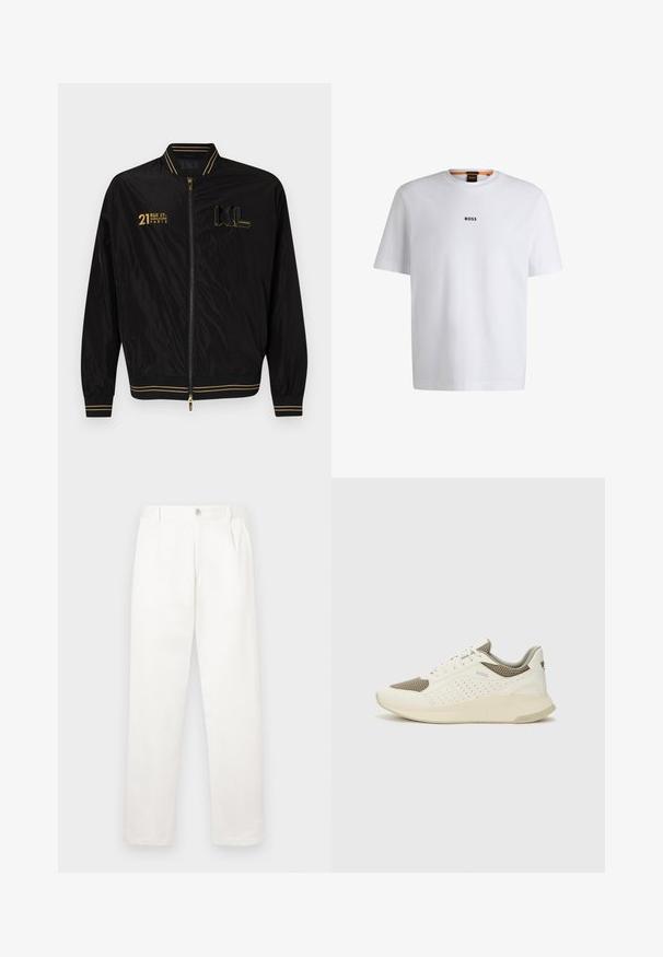 Melna bumbierjakas ar zelta akcentiem, ar rāvējslēdzēja aizdari, ribotām piedurknēm un apakšmalu, satur izdrukātas frāzes un logo uz priekšpuses. Gluda neilona materiāls.; Balta kokvilnas T-kreklu ar īsām piedurknēm, ar melnu "BOSS" logotipu centrā uz krūšu un apļa formas kakla dizainu.; Baltas bikses, izgatavotas no gludas auduma, ar taisnu kāju dizainu, priekšējiem krokām un vienu pogu aizdari jostasvietā.; Baltas un gaiši bež sporta apavi, ar sieta augšdaļu, perforētiem detaļām un teksturētu vidusdaļu ar zīmolu uz papēža.