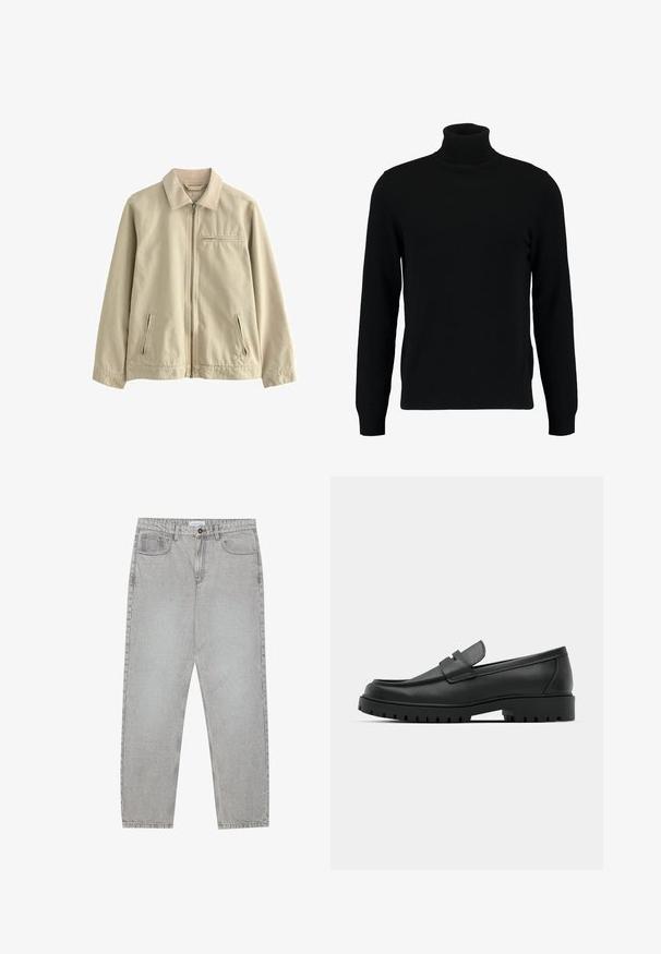 Beige puuvillane jakk, millel on krae, esine lukustus ja kaks külgmist lukuga taskut. Omab väikest lukuga rinna taskut. Sile tekstuur.; Musta kõrge kaelusega kampsun, mis on valmistatud pehmest kudumist materjalist. Omab pikki varrukaid, soonikpitsiga kaela- ja alumist äärt. Lihtne ja sujuv disain ilma mustriteta.; Heledad hallide denimpüksid otse säärekujundusega, viie-taskulise stiliseerimise ja nupukinnitusega. Nähtav õmblus kõrvuti.; Mustad musta nahast loafers, millel on ümar varvas, tikandiga disain, madal platvorm-soon ja tekstureeritud, soonikkummist välistald.