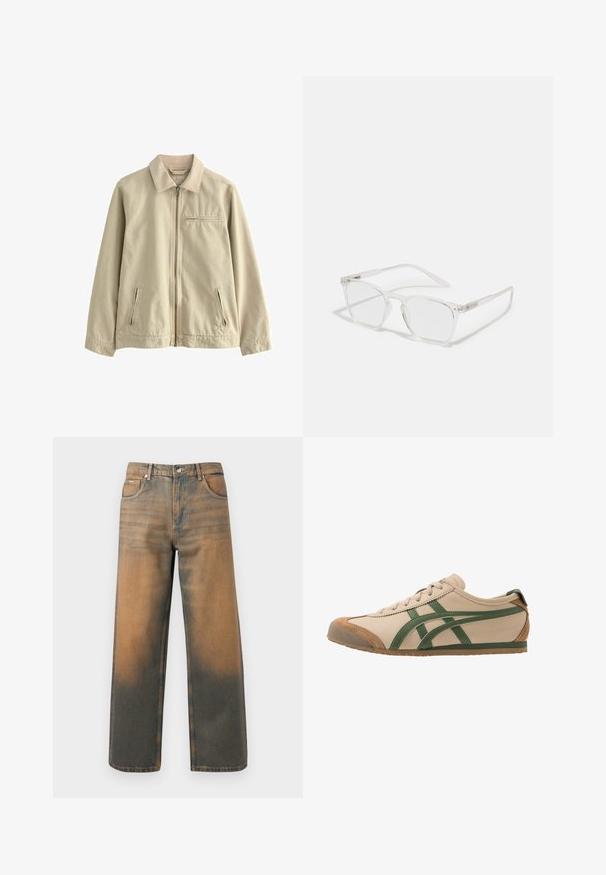 Beige bomuldsjakke med krave, frontlynlås og to sidelommer med lynlås. Har en lille brystlomme med lynlås. Glat tekstur.; Oliven grøn strikket sweater med rund hals, lange ærmer og ribbede manchetter. Blød tekstur og afslappet pasform, med en let cropped talje.; Videbenede jeans i slidte blå og brune denim. Har høj talje, forlommer og en klassisk knaplukning med metaldetaljer.; Beige lædersneaker med grønne accenter, der har en rund tå, flad sål og ruskindsdetaljer på tåkap og hæl.; CHPO ZEBBE UNISEX - Briller med blålysfilter - transperent