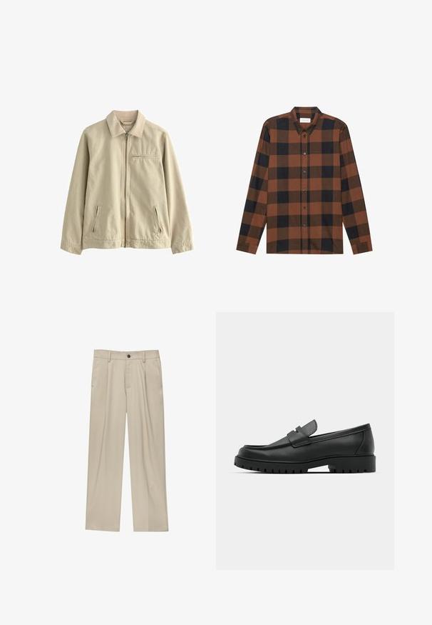 Bežna bombažna jakna s ovratnikom, sprednjim zadrgo in dvema stranskima žepoma z zadrgo. Vsebuje majhen žep na prsih z zadrgo. Gladka tekstura.; Rjava in črna karirasta srajca z dolgimi rokavi, izdelana iz blaga, z ovratnikom na gumb in gumbnim zapiranjem; ima manšete na rokavih.; Bež hlače ravnega kroja, z enim črnim gumbom, zanke za pas in stranskimi žepi. Gladka tekstura tkanine in minimalističen dizajn.; Črne usnjene loafers čevlje z zaobljenim nosom, ki imajo šivano zasnovo, nizko platformo in teksturiran, profiliran gumijast podplat.