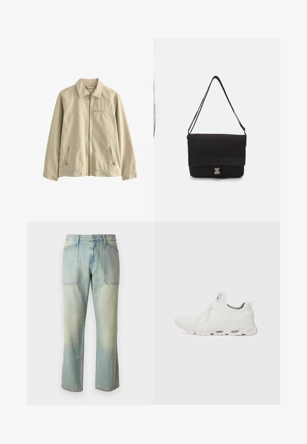 Beige bomullsjacka med krage, framzip, och två sidofickor med dragkedja. Har en liten ficka på bröstet med dragkedja. Slät textur.; Ljusgrå t-shirt med korta ärmar och rundad hals, uppställd mot en enkel vit bakgrund.; Ljust blå denimbyxor med rak benpassform, synlig sömnad och två stora framfickor. Tyget har en blekt struktur.; Vitaidande sportskor i vitt med en texturerad stickad ovandel, platta snören och en vadderad sula med synliga luftkammare för extra stöd.; Svart messenger väska i slät material med en vikbar klaff, silverfärgade spännen och justerbar axelrem.