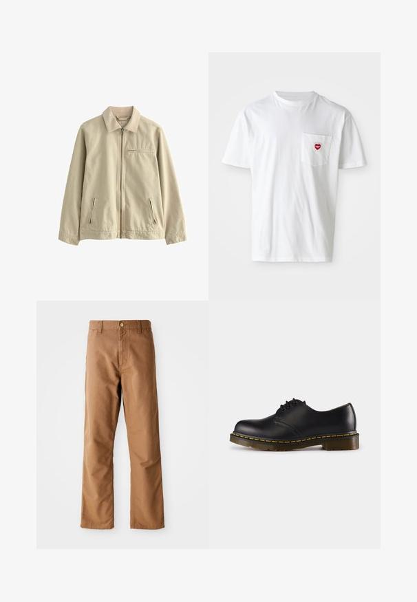 Jachetă din bumbac bej cu guler, fermoar frontal și două buzunare laterale cu fermoar. Are un mic buzunar la piept cu fermoar. Textură netedă.; Tricou alb din bumbac, cu guler rotund și mâneci scurte. Prezintă un mic logo în formă de inimă roșie pe buzunarul din stânga pieptului.; Pantaloni drepți maro, cu bucle pentru curea, buzunare frontale, închidere cu nasture și fermoar, pe un fundal alb.; Pantof de piele neagră cu vârful rotunjit, design cu șireturi, cusătură galbenă de-a lungul tălpii și o talpă din cauciuc texturat, masivă.