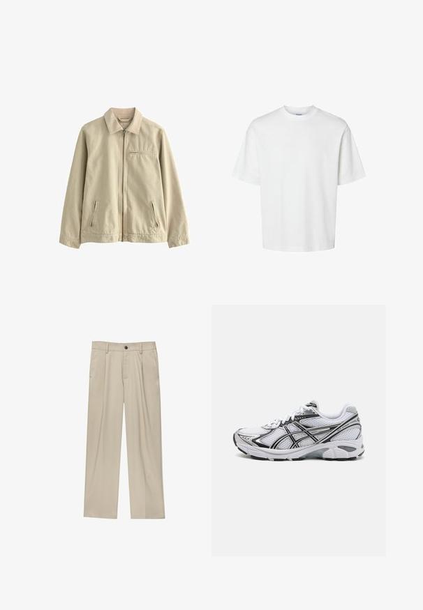 Beige színű pamut dzseki, gallérral, elülső cipzárral és két oldalsó cipzáras zsebből áll. Tartalmaz egy kis cipzáras mellzsebet is. Simaszerkezet.; Fehér pamut póló rövid ujjakkal, kerek nyakkivágással és laza szabással. Simább textúra, látható minták vagy kiegészítők nélkül.; Beige egyenes szárú nadrág, egy fekete gombbal, övhurkokkal és oldalzsebekkel. Sima szövettextúra és minimális design.; Fehér sportcipő hálós felsőrészsel, fekete részletekkel és ezüst kiegészítőkkel. Párnázott talppal és fűzős kialakítással rendelkezik a jobb tartás érdekében.