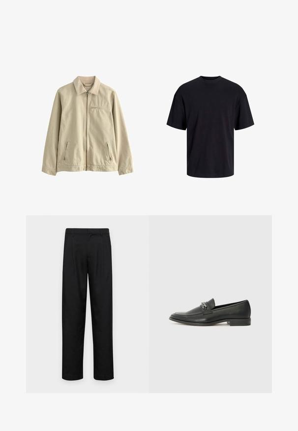 Beige puuvillane jakk, millel on krae, esine lukustus ja kaks külgmist lukuga taskut. Omab väikest lukuga rinna taskut. Sile tekstuur.; Must must on mustre, lühikeste varrukatega ja vabalt langev. Sile tekstuur ja ilma nähtavate mustrite või aktsentideta.; Mustad mustadest riietest, millel on sirge jalgade disain, kaks eesmist voltimist ja tavaline vöökoht, millel on vöökohad.; Must haveate nahkking punased, millel on sile viimistlus, tikitud muster ja dekoratiivne metallkett vampi üle. Tasane konts.