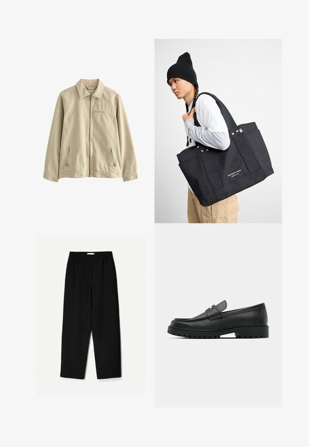 Bežna bombažna jakna s ovratnikom, sprednjim zadrgo in dvema stranskima žepoma z zadrgo. Vsebuje majhen žep na prsih z zadrgo. Gladka tekstura.; Črna kratka majica s kratkimi rokavi in okroglim izrezom, izdelana iz mehkega materiala, s sproščenim in kvadratnim krojem ter minimalističnim dizajnom.; Črne široke hlače iz lahkotnega materiala. Imajo elastičen pas in gladko teksturo. Brez vidnih vzorcev ali dodatkov.; Črne usnjene loafers čevlje z zaobljenim nosom, ki imajo šivano zasnovo, nizko platformo in teksturiran, profiliran gumijast podplat.; Črna platnena torba z dvema trdnima ročajema, opremljena z kovinskimi detajli in sprednjimi žepi. Blagovna znamka je prikazana z belim napisom na dnu.
