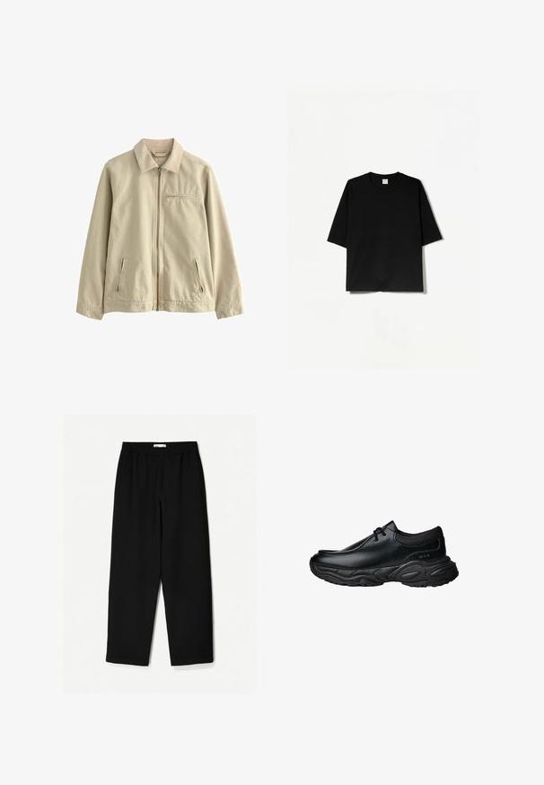 Bežová bavlnená bunda s golierom, predným zipsom a dvoma bočnými vreckami na zips. Obsahuje malé vrecko na zips na hrudi. Hladká textúra.; Čierne tričko s krátkym rukávom a okrúhlym výstrihom, vyrobené z mäkkého materiálu, s voľným, štvorcovým strihom a minimalistickým dizajnom.; Čierne nohavice s širokými nohavicami vyrobené z ľahkej tkaniny. Majú elasticitu v páse a hladký povrch. Bez viditeľných vzorov alebo kovania.; Čierne kožené slip-on topánky s okrúhlou špičkou a hrubou štruktúrovanou gumovou podrážkou. Obsahujú jemné prešitie a elastické akcenty v oblasti goliera.