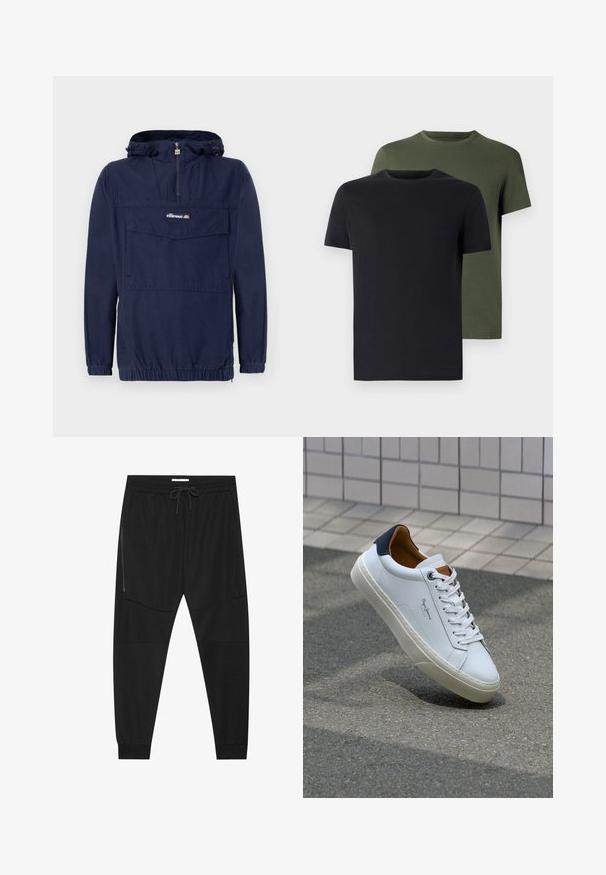 Mørkeblå genserjakke laget av lett materiale, med kvart glidelås, justerbar hette og en frontlomme med klaff.; To t-skjorter med rund hals i svart og olivengrønn, laget av myk bomullstoff. Designet er enkelt med korte ermer og rett snitt.; Sorte treningsbukser laget av teksturert stoff, med justerbart liv, glidelåslomme på siden og avsmalnende mansjetter.; Hvit lærsneaker med marineblå hæl, rund tå og kontrasterende brune detaljer. Har flate lisser og teksturert gummisåle.