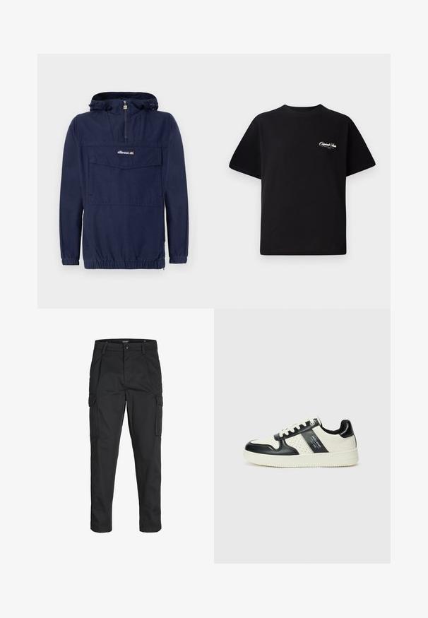 Tamsiai mėlynas megztinis su lengva medžiaga, turintis ketvirtį užtrauktuką, reguliuojamą gobtuvą ir priekį su kišene ir sklende.; Juodas medvilninis marškinėliai su apvalia kaklo linija, trumpomis rankovėmis ir mažais baltais logotipo raštais kairiajame krūtinės šone. Paprastas dizainas, klasikinio kirpimo.; Juodi krovinių tipo džinsai, pagaminti iš tvirto audinio, su keliais kišeniais, mygtuko uždarymu ir siauru, prigludusiu dizainu su siaurėjančiomis kojomis.; Odiniai sportbačiai juodos ir kreminės spalvų schemoje, su perforuotais akcentais, paminkštinta apykakle ir tekstūruotu padu.