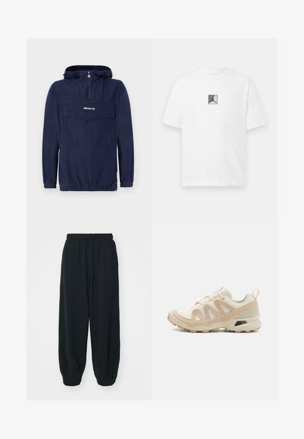 Tumedat sinised kerged tõmblukkidega ülerõivad, millel on neljandik tõmblukk, reguleeritav kapuuts ja esiküljel klapiga tasku.; Valge puuvillane T-särk, millel on keskel must ja hall logo graafika. Klasikaline ümmargune kaelus ja lühikesed varrukad, millel on mugav lõige.; Mustade elastse vöökoha ja laia lõikega dressipüksid, mansetiga sääred, sile tekstuur ning ilma nähtavate mustrite või detailideta.; Beež ja koobalti spordijalats tekstureeritud võrkkattega, toetavad ülemised kihid ja kummist tallaga, millel on mustriga joonistus haardeks.