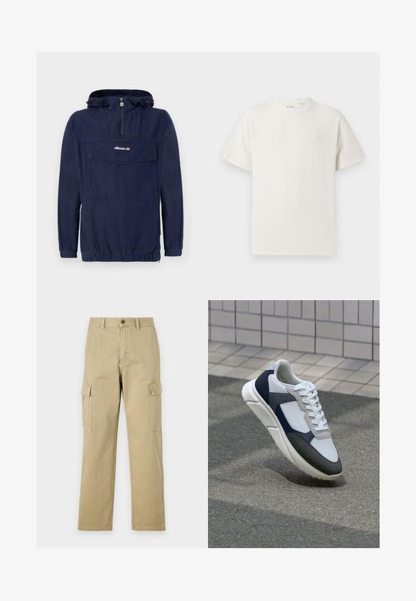 Tamsiai mėlynas megztinis su lengva medžiaga, turintis ketvirtį užtrauktuką, reguliuojamą gobtuvą ir priekį su kišene ir sklende.; Balta trumpa rankovė T-polo marškinėlių su juostelėmis tekstūra. Apvalus iškirpimas, laisvas fasonas, jokių matomų raštų ar akcentų. Paprastas ir universalus dizainas.; Kreminės spalvos cargos kelnės, pagamintos iš medvilnės, su dviem šoninėmis kišenėmis, mygtukų užsegimu ir tiesiomis kojomis, šiek tiek tekstūruotu audiniu.; Baltos, tamsiai mėlynos ir pilkos sportbačiai su mišriomis medžiagomis, turintys tekstūruotą viršutinę dalį, plokščius raištelius ir paminkštintą pado dalį.