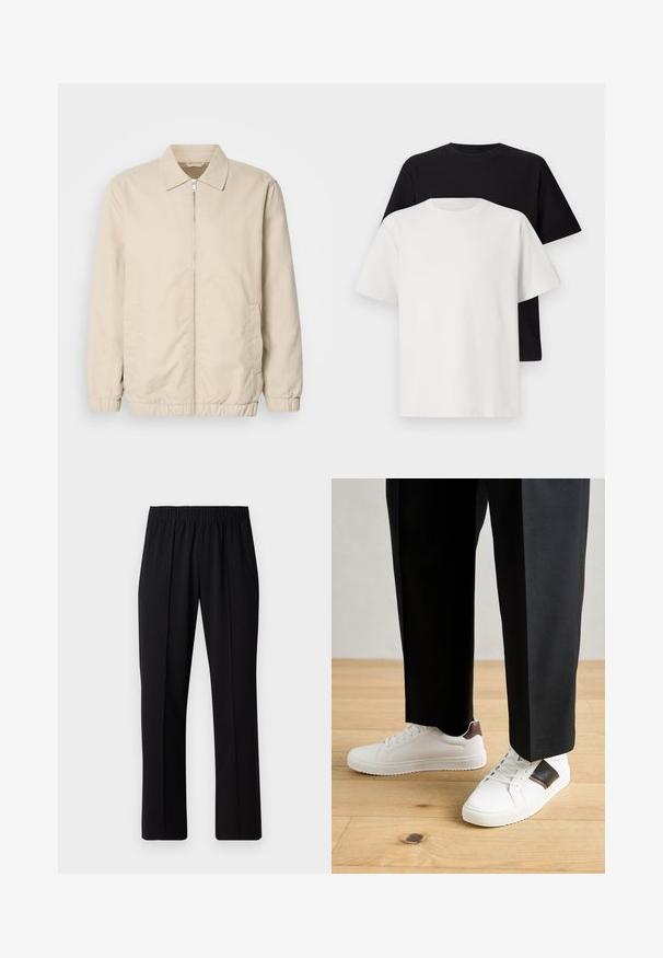 Beige lightweight jacket with a zip front, collar, elastic cuffs, and side pockets. Smooth texture, straight cut, and minimalistic design.; Cotton t-shirt set featuring a black top and a white top, both with short sleeves, round neckline, and standard fit. Textured fabric.; Black, elastic-waist trousers with a straight-leg design, featuring a smooth texture and no visible patterns or hardware.; White sneakers with smooth texture, featuring brown leather accents and black detailing, paired with black tailored pants. Wooden floor background.