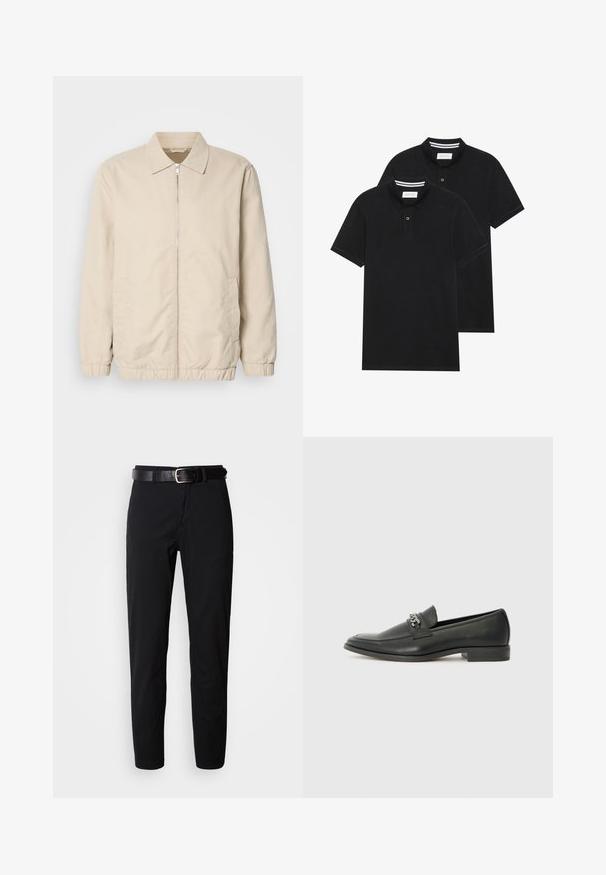 Beige lightweight jacket with a zip front, collar, elastic cuffs, and side pockets. Smooth texture, straight cut, and minimalistic design.; Two black polo shirts, short-sleeved, cotton material, featuring a classic collar, two-button placket, and white striped accents inside the collar.; Black trousers with a straight cut, featuring a smooth texture and a black leather belt with a silver buckle. Simple design, no patterns or accents.; Black leather loafer with a smooth finish, featuring a stitched design and a decorative metal chain accent across the vamp. Flat heel.