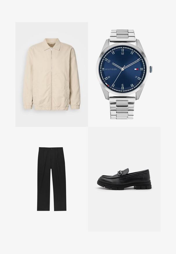 Beige lättviktsjacka med dragkedja framtill, krage, elastiska muddar och sidofickor. Slät textur, rak skärning och minimalistisk design.; Två figurnära linnen i svart och vitt. Tillverkade av ribbat bomull, de har breda axelband och rundad halsringning. Logotypen finns på kragen.; Svarta byxor med rak ben-design, tillverkade av ett jämnt tyg. Har framfickor och en enkel knapplåsning i midjan.; Svart läderloafersko med rund tå, en dekorativ rem och hårdvara, samt en chunky texturerad sula. Slät finish med subtila detaljer.; Silver metall klocka med en borstad blå urtavla, vita timmarkörer och en datumvisning. Har ett länkande metallarmband och varumärkeslogotyp.