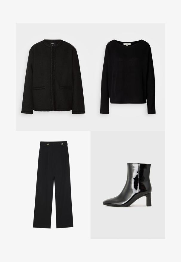 Jacket preta feita de tecido texturizado com gola redonda, bolsos frontais e um acabamento franjado ao longo das bordas e punhos.; Camisa preta de manga longa feita de material suave, com um decote redondo largo e um corte descontraído, sem padrões visíveis ou acessórios.; Calças largas pretas com cintura alta, detalhes em botão na cintura e pregas frontais.; Botim de tornozelo em pele sintética preta com bico apontado e salto bloco de altura média. Textura suave e design minimalista.