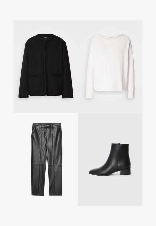 Jacket preta feita de tecido texturizado com gola redonda, bolsos frontais e um acabamento franjado ao longo das bordas e punhos.; Top de manga longa, com decote redondo, em tecido branco leve e suave com um ajuste relaxado. Apresenta uma bainha limpa e sem hardware visível.; Calças de pele preta com uma textura suave, apresentando um ajuste reto, dois bolsos frontais e detalhes de costura visíveis.; Bota de tornozelo em couro preto com bico apontado e um salto bloco baixo, apresentando uma textura lisa e um design minimalista.