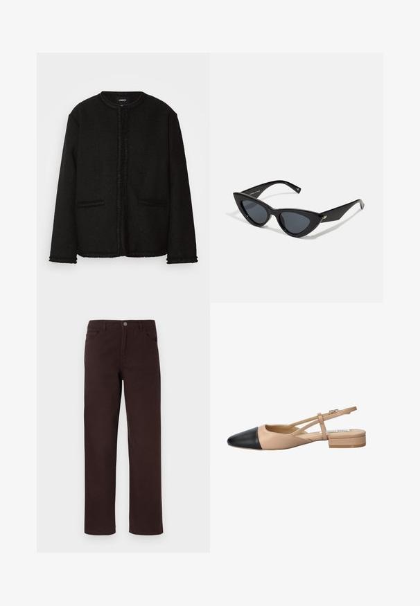 Črna jakna iz teksturirane tkanine z okroglo ovratnico, sprednjimi žepi in frfotajočim robom ob robovih in manšetah.; Temno rjav srajčni jopič iz bombaža z ovratnikom, sprednjim zapenjanjem na gumbe, dvema žepoma na prsih in srebrnimi gumbi. Dolgi rokavi.; Rjave bombažne hlače s ravnim krojem, dvema sprednjima žepoma in gumbom za zapiranje na pasu. Gladka tekstura brez vidnih vzorcev.; Bežna in črna dvobarvna slingback čevlja s koničastim noskom, ravnim peto in križno zasnovo traku. Gladka usnjena tekstura.; Sončna očala v obliki mačjih očes z sijajnim črnim plastičnim okvirjem, temnimi lečami in zlatimi detajli na templjih. Angularen dizajn s prefinjenimi linijami.