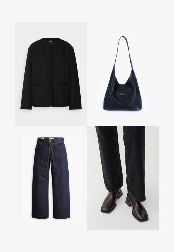 Melnā jaka, kas izgatavota no teksturēta auduma, ar apaļu kakla izgriezumu, priekšējām kabatām un franjām gar malām un piedurknēm.; Jūras flotes turtlenecks ar gariem piedurknēm. Izgatavots no mīksta auduma ar gludu tekstūru. Iezīmēts ar pieguļošu dizainu un augstu apkakli bez redzamām šuvēm.; Plati zili džinsi ar augstu jostasvietu, ar šnaukaša saišu, piecām kabatām un kontrastējošiem šuvju akcentiem.; Brūni ādas potītes zābaki ar kvadrātveida purngalu un blokveida papēdi, kombinēti ar melnajiem platajiem džinsiem. Gluda tekstūra un minimālistisks dizains.; Melnas ādas rokassomi ar mīkstu, brīvu dizainu. Iezīmēta ar plakanu siksnu un centrālu aizdari, kas dekorēta ar zelta akcentu.