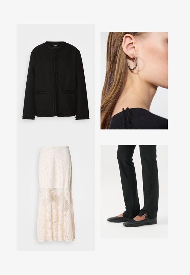 Mustapuku, joka on valmistettu teksturoidusta kankaasta, pyöreällä kaula-aukolle, edessä taskut ja fringed-reunus reunojen ja hihansuiden ympärillä.; Musta hihaton paita, joka on valmistettu pehmeästä ja joustavasta kankaasta. Siinä on pyöreä kaula-aukko ja leveät olkaimet, muotoiltu siluetti ja sileä rakenne.; Kermakuvioinen midi-hame; siinä on kerroksellinen rakenne, läpinäkyviä osia, teksturoitua pitsiä ja levenevä helma.; Musta nahkakengät balettityylillä, kärjessä terävä muoto, hihna hopeasoljella, yhdistetty mustiin räätälöityihin housuihin, joissa on halkiohelma.; Hopea renkaankorvakoru kiiltävällä pinnalla, jossa on pieniä kultaisia yksityiskohtia ja pyöreä muoto, käytetty korvalla.