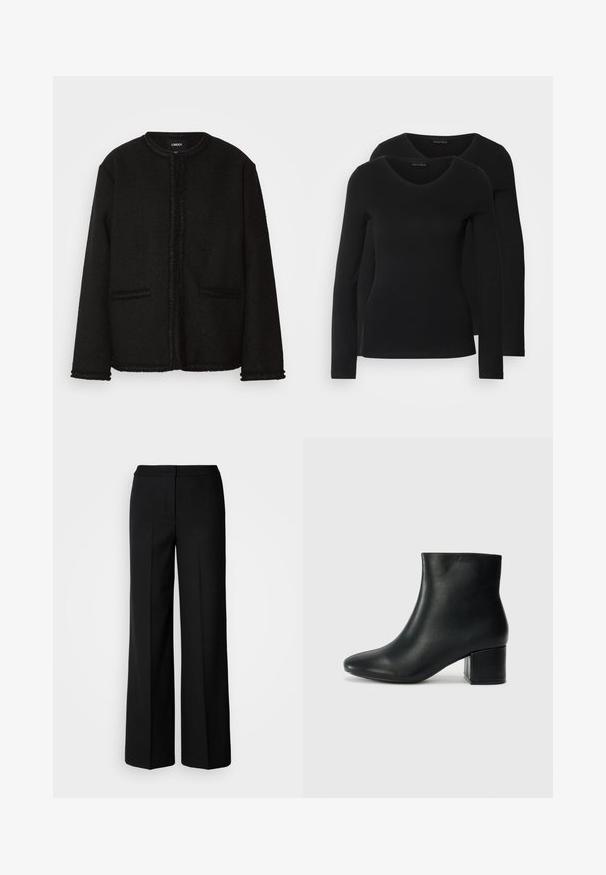 Giacca nera realizzata in tessuto strutturato con scollatura rotonda, tasche frontali e bordi e polsini frangiati.; Due camicie a maniche lunghe nere con design a V, realizzate in tessuto morbido e elasticizzato, che mostrano una superficie liscia e una forma aderente.; Pantaloni neri a gamba larga in tessuto morbido, con vita alta, cuciture sartoriali e design minimalista. Nessuna ferramenta visibile o tasche.; Stivali neri in pelle fino alla caviglia con punta appuntita e tacco spesso. Texture liscia con minimi dettagli e un design elegante e aderente.