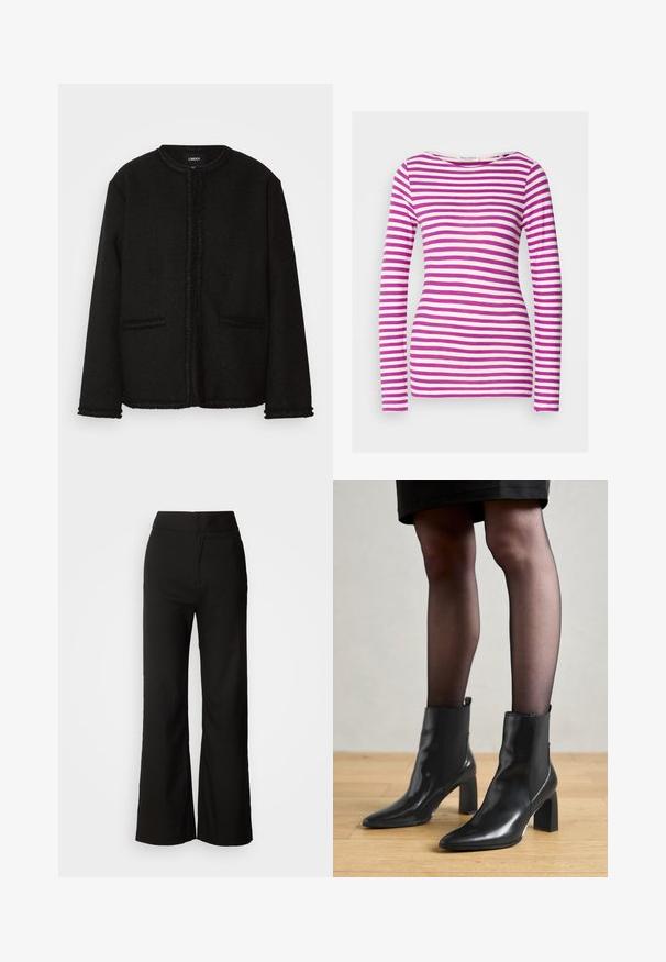 Sort jakke lavet af tekstureret stof med en rund halsudskæring, forsætningslommer og en frynset kant langs kanterne og manchetterne.; Langærmet T-shirt med en tætsiddende pasform, lavet af blødt bomuld. Har vandrette lyserøde og hvide striber samt en bred rund halsudskæring.; Sorte bukser med bred benvidde, glat tekstur, høj talje og et enkelt design. Ingen synlige lommer eller udsmykninger.; Sorte læderankelstøvler med spids tå, kraftig firkantet hæl og slankt design. Har elastiske sidepaneler for nem påtagning.