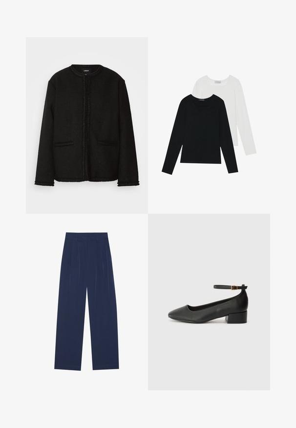 Crna jakna od teksturirane tkanine s okruglim izrezom, prednjim džepovima i resastim obrubima uz rubove i manšete.; Dva dugo rukava, jedan crni i jedan bijeli, oba s kvadratnim izrezom i izrađeni od mekane, rastezljive tkanine.; Tamno plave hlače širokih nogavica, izrađene od mekog materijala, s prednjim nabora, glatke teksture i ravnog kroja bez vidljivih džepova.; Crne kožne pumpe s oštrim vrhom i niskom blok petom. Sadrže remen oko gležnja s zlatnim kopčanjem. Glatka tekstura.