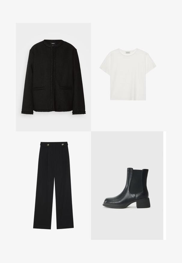 Fekete dzseki texturált anyagból, kerek nyakkivágással, elülső zsebekkel és fodros díszítéssel a szélek mentén és az ujjakon.; Fehér, rövid ujjú póló, puha pamutból készült. Kerek nyakkivágással és laza szabással rendelkezik. Tiszta dizájn, látható minták vagy díszítések nélkül.; Fekete, bő szárú nadrág magas derékkal, gombos részletekkel a derékrészen és elülső pliszékkal.; Fekete bőr bokacsizma elasztikus oldalsó panelekkel, lekerekített orral és alacsony blokk sarkú kialakítással. A felület sima textúrájú és minimális díszítéssel rendelkezik.