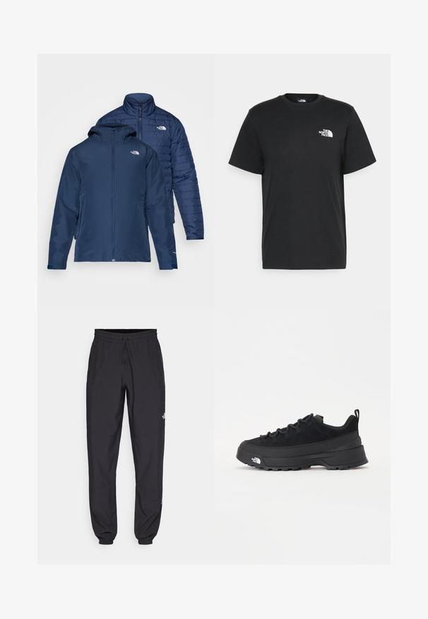 Navy blue reversible jacket with a waterproof exterior and insulated puffer interior. Features zippers and dual side pockets.; Black cotton t-shirt with short sleeves, crew neck, and a small white logo on the left chest. Simple design, smooth texture, and relaxed fit.; Black athletic pants made from lightweight fabric, featuring a drawstring waistband, side pockets, and tapered cuffs at the ankles.; Black outdoor sneaker with a suede upper, textured rubber sole, and sturdy lacing system. Features a reinforced heel and brand logo on the side.