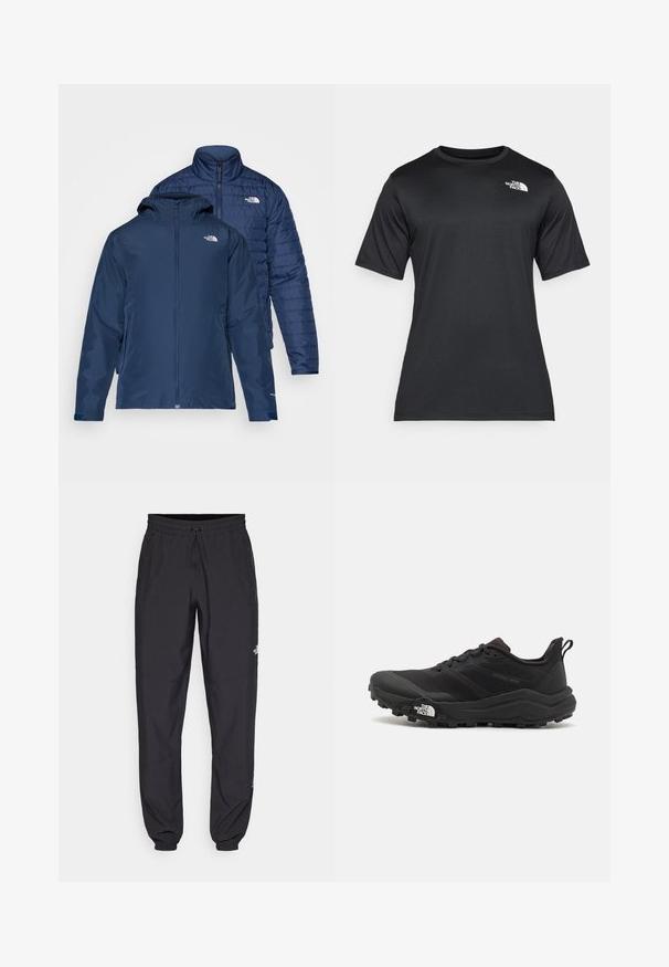 Námořnická modrá reversibilní bunda s vodotěsným vnějším materiálem a izolačním vnitřkem typu puffer. Obsahuje zipy a dvojité boční kapsy.; Černé tričko s krátkým rukávem vyrobené z lehkého, vlhkost-odvádějícího materiálu. Obsahuje bílé logo na levé hrudi a kulatý výstřih.; Černé sportovní kalhoty vyrobené z lehké tkaniny, s páskem na šňůrku, bočními kapsami a zúženými manžetami na kotnících.; Černé trailové běžecké boty s texturovaným svrškem, gumovou podrážkou a vyztuženou špičkou. Obsahují polstrovaný límec a poutko pro snadné obouvání.