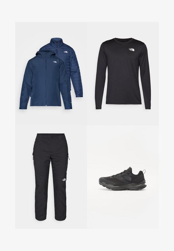 Marineblauwe reversible jas met een waterdichte buitenkant en een geïsoleerde puffer binnenkant. Voorzien van ritsen en dubbele zijzakken.; Zwart performance T-shirt met lange mouwen, gemaakt van lichtgewicht stof, met een wit logo op de bovenste linkerborst. Gladde textuur.; The North Face WINTER EXPLORATION TAPERED CARGO - Outdoorbroeken - black; Zwarte sportieve sneaker met een bovenkant van mesh, rubberen zool en een zachte kraag. Voorzien van veters, een logo op de zijkant en een gestructureerd ontwerp.
