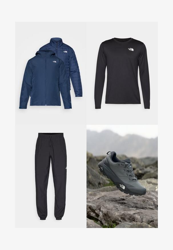 Tumedast sinine pööratav jakk, millel on veekindel välimus ja soojustatud puhv-jakk. Omab lukke ja kaht külg-taskut.; Pikkade varrukatega must spordit-särk, mis on valmistatud kerge kangaga, esiküljel vasakul rinnal on valge logo. Sile tekstuur.; Mustavad sportlikud püksid, mis on valmistatud kergest kangast, joonlauaga taljest, küljetaskudega ja kitsenevate varrukatega pahkluude juures.; Hallhalli jooksukingad halli värvi, tekstureeritud ülemise osaga, vastupidava kummist tallaga ja tugevdatud varvaste kattega. Omab paelu ja kaubamärgi logo küljel.