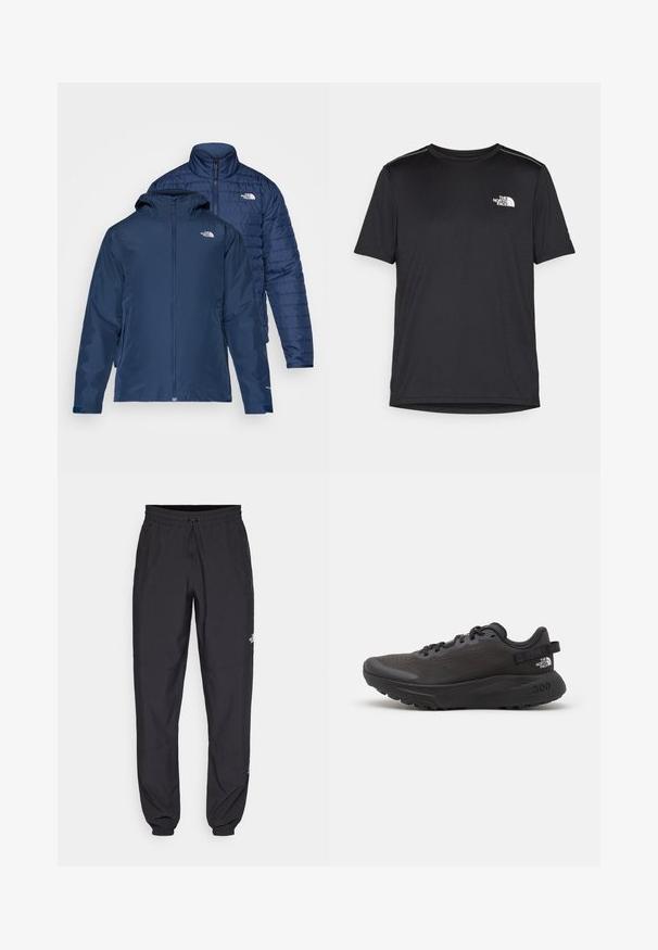 Tumedast sinine pööratav jakk, millel on veekindel välimus ja soojustatud puhv-jakk. Omab lukke ja kaht külg-taskut.; Must mustaöödiga must T-särk, mis on valmistatud kerge riidekanga. Esiküljel on vasakul rinnal väike valge logo ning õlgadel on peened aktsendid.; Mustavad sportlikud püksid, mis on valmistatud kergest kangast, joonlauaga taljest, küljetaskudega ja kitsenevate varrukatega pahkluude juures.; Mustad spordijalats musta värvi, millel on võrkkangast pealmine osa, pehmendatud krae ja kummist tald. Omab tekstuuri kujundust ja brändingu märgistust kannal. Kerge konstruktsioon.