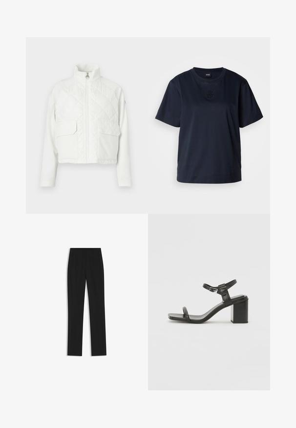 Biała krótka kurtka z wysokim kołnierzem, pikowaną przednią częścią, dwiema kieszeniami na piersi i gładkimi rękawami, posiadająca centralny zamek błyskawiczny do zapięcia.; Granatowa koszulka z krótkim rękawem wykonana z miękkiej bawełny. Posiada okrągły dekolt oraz subtelnie haftowane logo na piersi.; Czarne spodnie o dopasowanym kroju z prostymi nogawkami, z przednimi kieszeniami i gładką, teksturowaną tkaniną. Schludne, minimalistyczne wykończenie.; Czarne skórzane sandały na blokowym obcasie z szerokim paskiem na palcach i regulowanym paskiem na kostkę, o eleganckim, minimalistycznym designie.