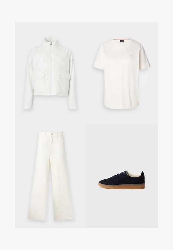 Casaco cropped branco com colarinho alto, frente acolchoada, duas bolsos no peito e mangas lisas, apresentando um fecho central com zip.; T-shirt de algodão branca com mangas curtas, decote redondo e um pequeno logotipo no peito. Textura suave e bainha reta.; Calças largas em algodão bege claro. Apresentam uma cintura alta, bolsos frontais e um corte reto. Acabamento de bainha limpo, sem padrões.; Tênis de camurça azul-marinho com sola de borracha cor de goma, atacadores azuis e design minimalista. Apresenta logótipo em relevo na lateral e forro interior liso.