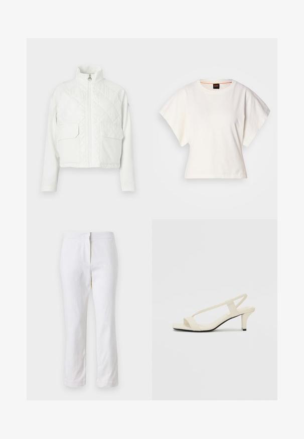 Fehér, rövidített dzseki magas gallérral, steppelt elülső résszel, két mellzsebbel és sima ujjakkal, középső cipzárral a záródáshoz.; Fehér, rövid, bő ujjú, crop szabású póló, puha pamut anyagból, kerek nyakkivágással, finom narancssárga díszítéssel, minimalista dizájn, minta vagy grafika nélkül.; Fehér pamut nadrág egyenes lábformával, közepes derékkal, látható fémrészek vagy minták nélkül. Sima textúra az egész anyagon.; Beige színű, blokksarkú szandálok vékony pántokkal és négyzet alakú orral. Simább anyag, minimális részletezéssel, amely könnyű viselésre lett tervezve.