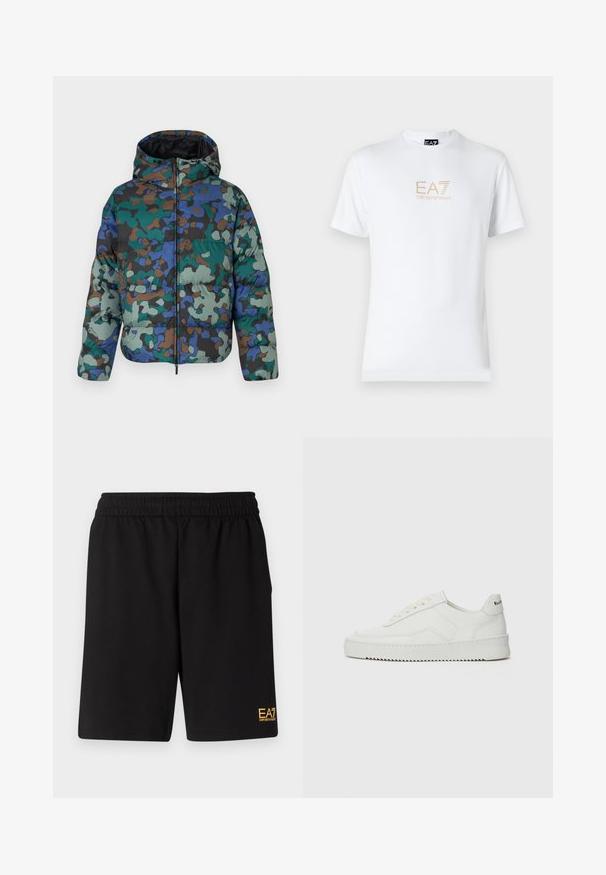 Giacca a fatto con un motivo mimetico in verde, blu e marrone. Presenta una chiusura con zip davanti, cappuccio e texture trapuntata per l'isolamento.; T-shirt bianco in cotone con scollatura rotonda e maniche corte, con il logo oro EA7 Emporio Armani stampato sul fronte.; Pantaloni sportivi neri realizzati in tessuto morbido, con vita elastica e un piccolo logo EA7 giallo sulla parte bassa della gamba sinistra.; Sneaker in pelle bianca con una finitura liscia, punta rotonda, lacci piatti e suola testurizzata. Presenta un logo discreto sul tallone.