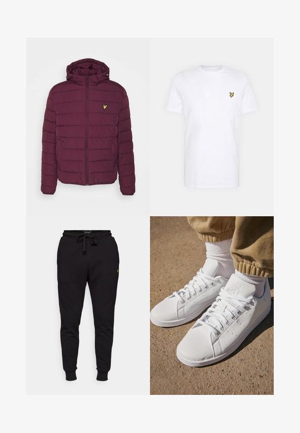 Giacca a vento maroon con zip frontale, cappuccio e motivo trapuntato orizzontale. Presenta un piccolo logo giallo sul lato sinistro del petto e tasche laterali.; T-shirt bianca in cotone con un piccolo logo ricamato nero e giallo sul lato sinistro del petto. Maniche corte e scollatura rotonda.; Pantaloni jogger neri in cotone con vita elastica, cordoncino e polsini a coste. Presentano un piccolo logo giallo sulla coscia sinistra.; Sneakers bianchi in pelle con superficie liscia, caratterizzati da un classico design con lacci, perforazioni per la traspirabilità e una suola in gomma testurizzata.