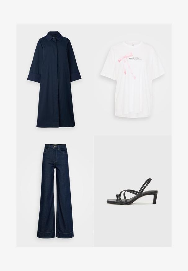 ONLY Tall ONLORCHID - Lietpaltis - night sky; Balta trumpomis rankovėmis marškinėliai su rožine juostele ir tekstu "COQUETTE" juoda spalva. Minkšta medžiaga, laisvas siluetas.; Tamsiai mėlynos aukšto liemens plačiakojės džinsai su priekinėmis kišenėmis, diržo kilpelėmis, mygtuko uždarymu ir matomu siuvimu ant balto fono.; Juodi šlepetės su kvadratiniu pirštu ir žemu bloku kulnu. Yra keli ploni dirželiai ir reguliuojamas kulkšnies diržas. Pagaminti iš lygios odos.