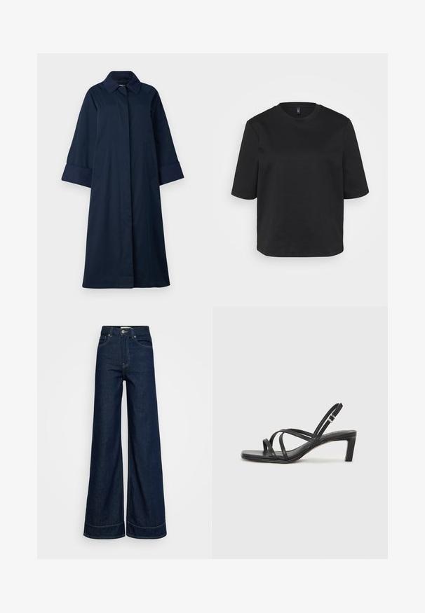 ONLY Tall ONLORCHID - Trenchcoat - night sky; Black crew-neck t-shirt made of cotton, featuring short sleeves and a relaxed fit. Smooth texture with no visible patterns or accents.; Dark blue high-waist wide-leg jeans with front pockets, belt loops, button closure, and visible stitching on a white background.; Black strappy sandal with a square toe and a low block heel. Features multiple thin straps and an adjustable ankle strap. Made of smooth leather.