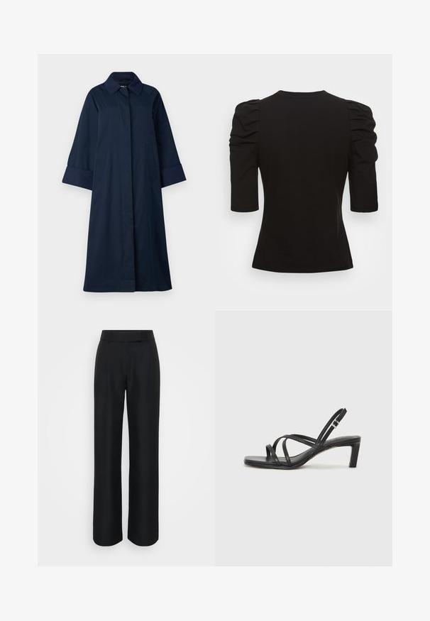 ONLY Tall ONLORCHID - Lietpaltis - night sky; Vero Moda Tall VMEGAMAXI - Paprasti marškinėliai - black; Juodi platus kelnės pagamintos iš lygaus audinio, turi aukštą liemenį ir subtilius priekinės raukšles; jokie matomi raštai ar detalės.; Juodi šlepetės su kvadratiniu pirštu ir žemu bloku kulnu. Yra keli ploni dirželiai ir reguliuojamas kulkšnies diržas. Pagaminti iš lygios odos.