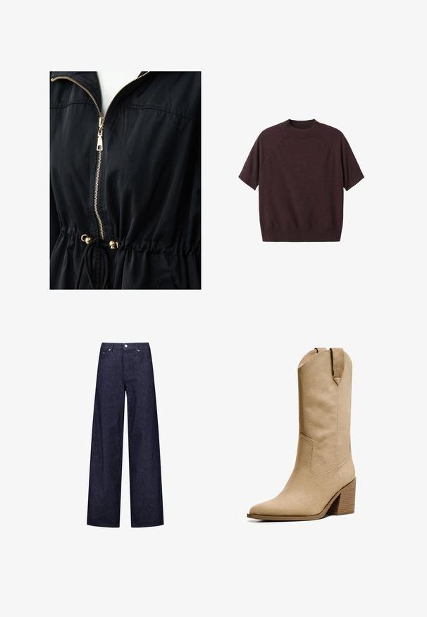 Giacca nera con zip dorata, vita cintrata, regolazione con cordino e texture liscia. Include un cappuccio e polsini elastici.; Maglione a maniche corte in maglia bordeaux scuro. Presenta un collo a giro ribbed e una vestibilità rilassata, con maniche raglan e una texture liscia.; Pantaloni in denim a gamba larga con un motivo a strisce verticali blu scuro e bianche, dotati di due tasche frontali e chiusura a bottone classica.; Bershka HIGH-HEEL - Stivali texani / biker - beige