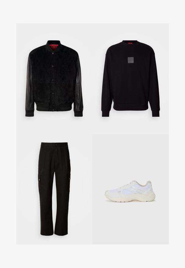 Melna bumbieru jakas ar zamšā ķermeni un ādas piedurknēm, riboti aproces un apakšmala, spiedpogu aizdare un sarkans iekšējais oderējums.; Melns džemperis ar garām piedurknēm, apaļu kakla izgriezumu, priekšpusē pelēks kvadrāta logotips, mīksta tekstūra un ribotas piedurknes un apakšmala.; Melnas kokvilnas kravas bikses ar brīvu piegriezumu, ar sānu kabatām, pogu aizdari un taisnām kājām. Vienkāršs dizains bez rakstiem.; Baltas sporta apavi, kas izgatavoti no sieta un zamšāda, ar teksturētu starpzoli, teksturētām akcentēm un "HUGO" logo sānos.