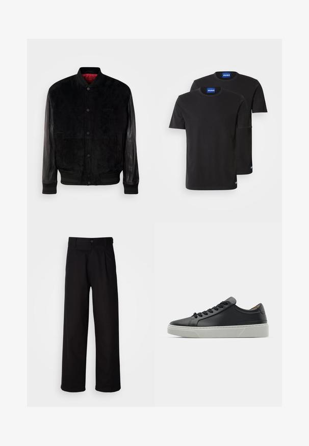Geacă neagră tip bomber cu corp din suede și mâneci din piele, manșete și tiv cu nervuri, închidere cu capse și căptușeală roșie.; Două tricouri negre din bumbac cu guler rotund, mâneci scurte și etichete albastre "HUGO" pe guler și pe tivul lateral.; Pantaloni negri dintr-un material neted, cu un design drept, pliuri frontale și închidere cu un singur nasture la talie.; Adidași din piele neagră, cu o textură netedă, vârf rotund și șireturi negre. Prezentând o talpă groasă din cauciuc alb, cu accente geometrice subtile.