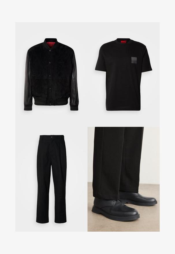 Mustmust muston, millel on suede kehake ja nahkvarrukad, soonikuga mansetid ja äär, pressnupuga sulgur ning punane vooder.; Must musta T-särk, millel on ümmargune kaelus, vasakul rinnal on tekstuuriga must päts logoga. Lühikesed varrukad ja lõdva lõikega.; Mustad sirged püksid nuppudega vöökoht, vöölõngad ja eesmine voldik, esitatud lihtsa valge tausta ees.; Mustad mustad nahast kingad ümarate varvastega, lame tallaga ja minimaalsete detailidega. Kombineeritud pritsitud mustade pükstega, mis näitavad siledat tekstuuri.